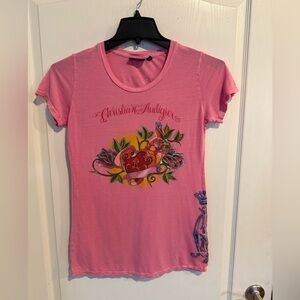 Christian Audigier women’s vintage y2k pink floral graphic tee T-shirt large